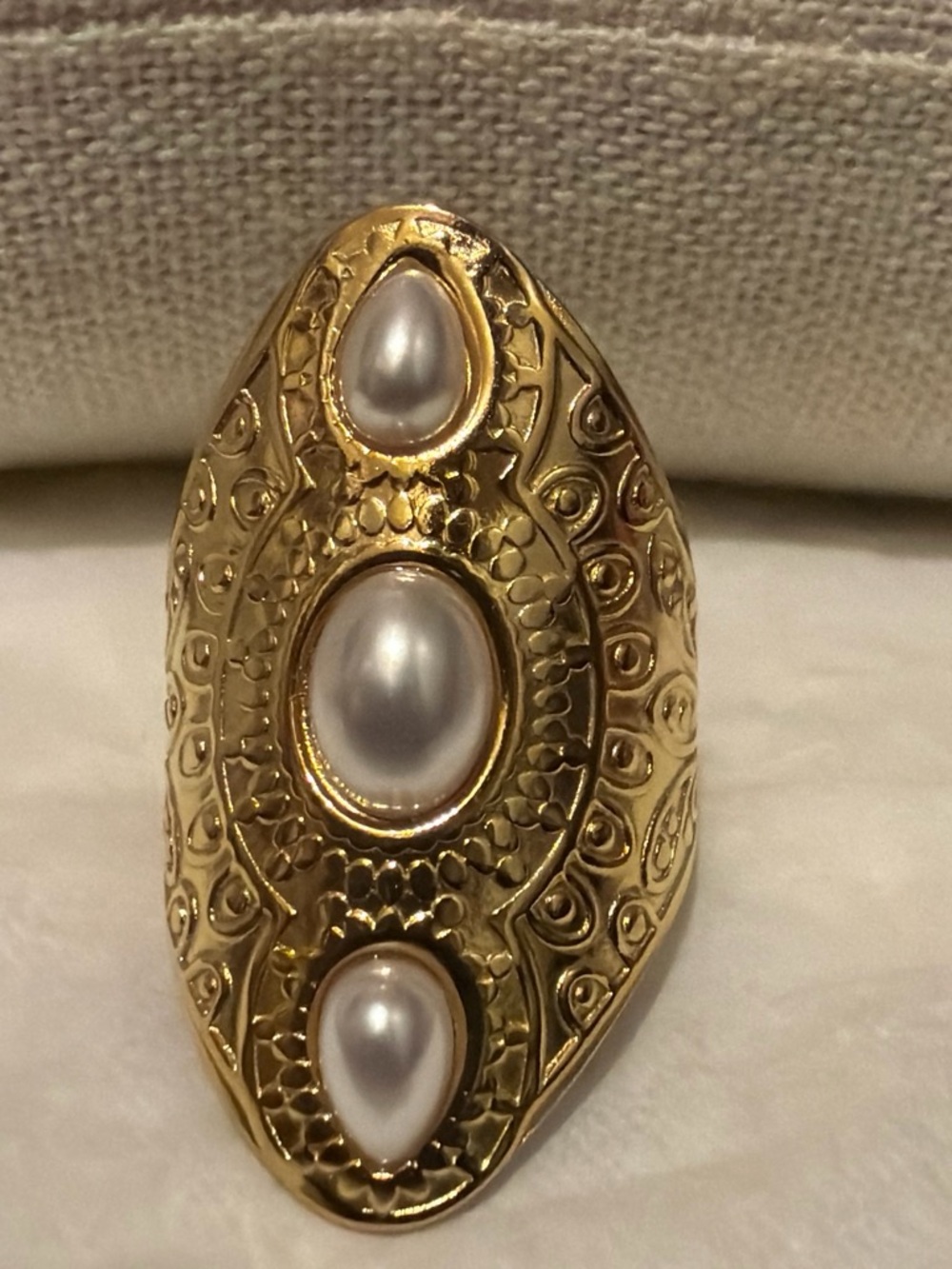 Gold-Tone Pearl Triple-Teardrop Statement Ring
